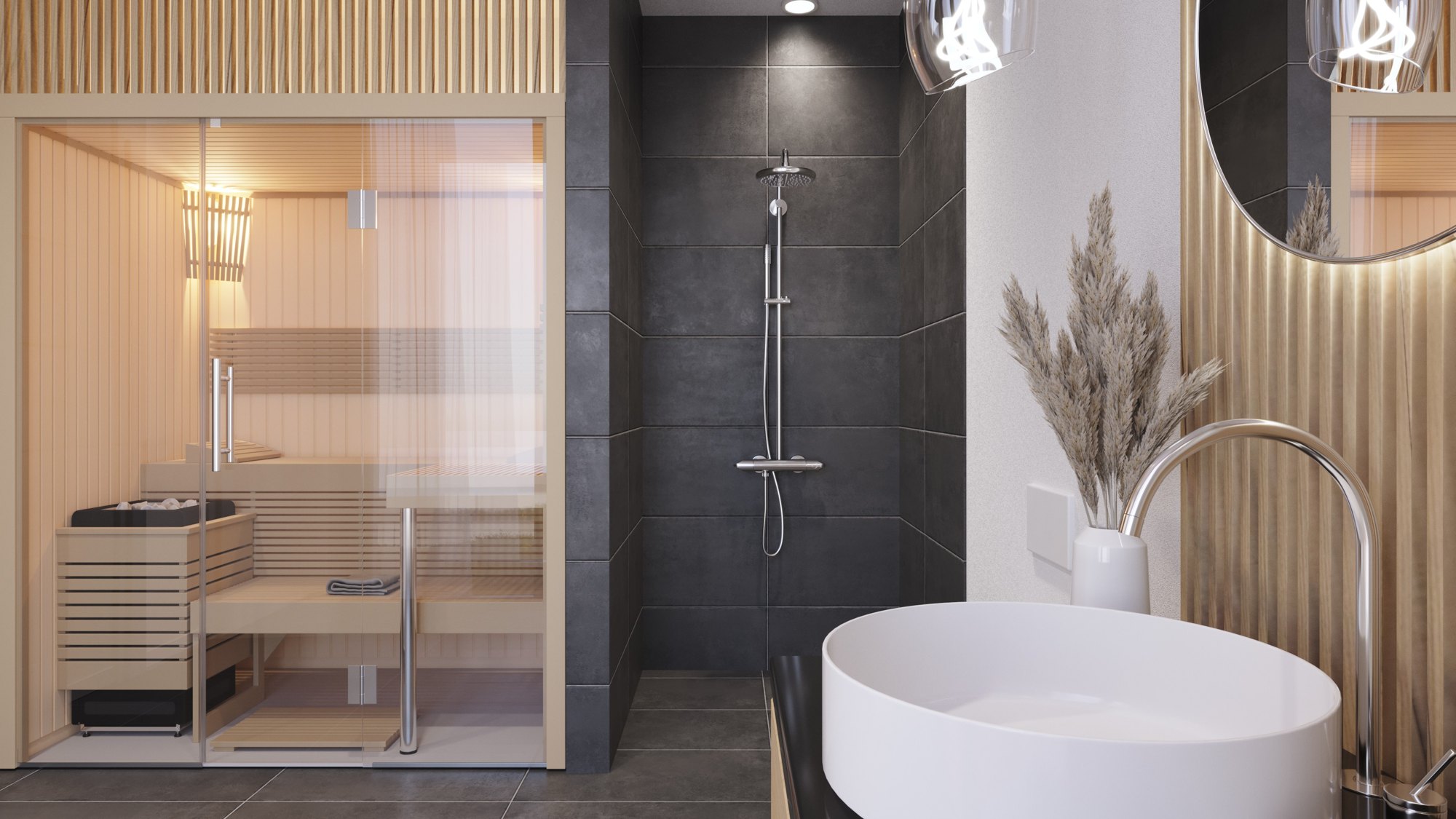 Visualisierung: Bad mit Sauna, bodengleicher Dusche und Aufsatzwaschbecken